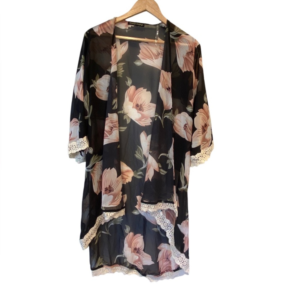 ALWAYS INDIGO Floral Chiffon Kimono Size S